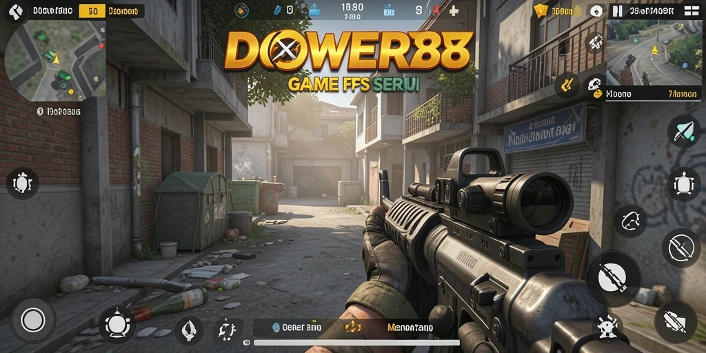 Gameplay DOWER88 menampilkan aksi menegangkan dengan senjata beragam.