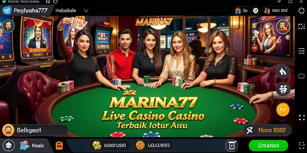 Screenshot gameplay MARINA77 menunjukkan dealer langsung dan suasana kasino yang mendebarkan.