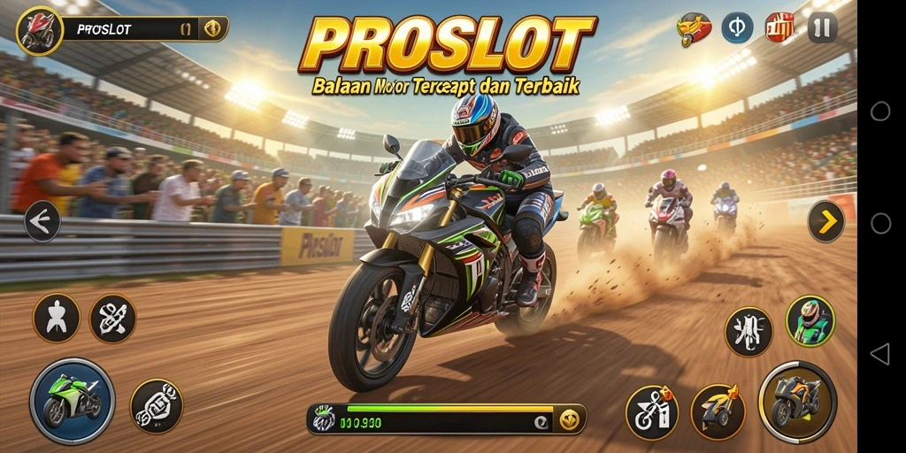 Screenshot gameplay PROSLOT menampilkan aksi balapan motor yang seru.