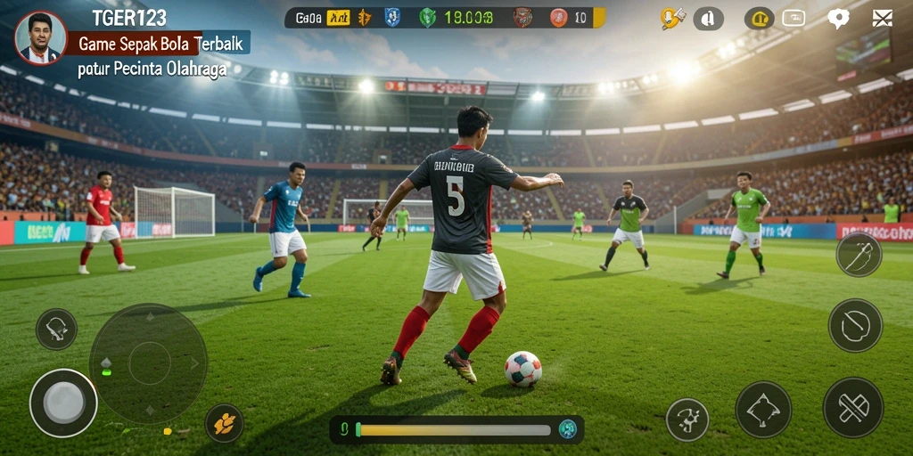 Gameplay TGER123 memperlihatkan aksi pertandingan sepak bola yang mendebarkan.